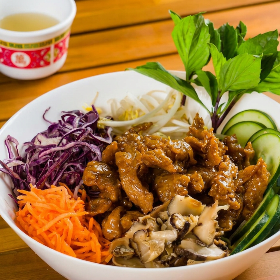 Vietnamese-style bowl topped with glazed meat, mushrooms, shredded cabbage, carrots, cucumber, bean sprouts, and fresh herbs.