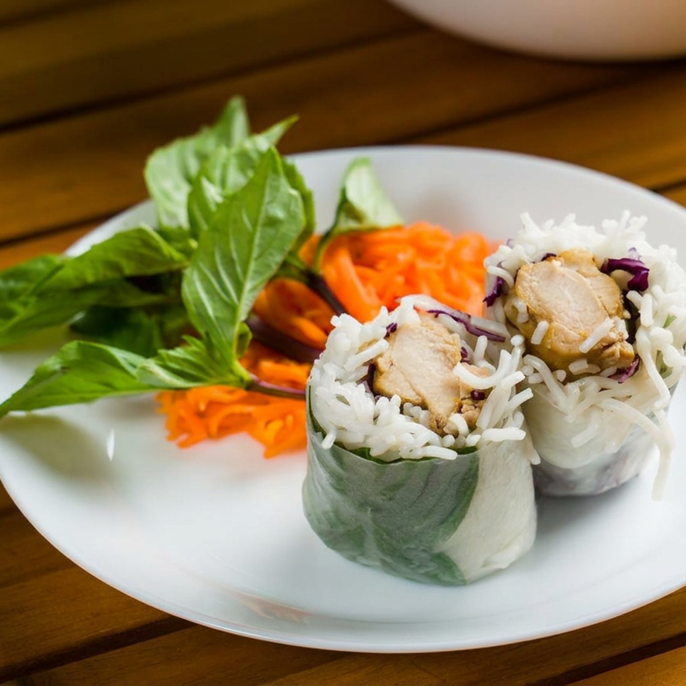Vietnamese rice paper rolls filled with chicken, rice noodles, and vegetables, served with fresh herbs beside Vietnamese coffee.