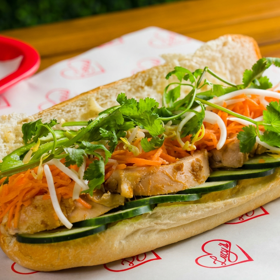Vietnamese bánh mì sandwich on branded paper, filled with grilled pork, pickled carrots, cucumber, bean sprouts, and cilantro.