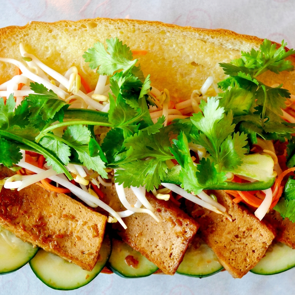 Open-faced Vietnamese bánh mì sandwich with tofu, cucumber, pickled vegetables, bean sprouts, cilantro, and chili sauce on toasted bread.