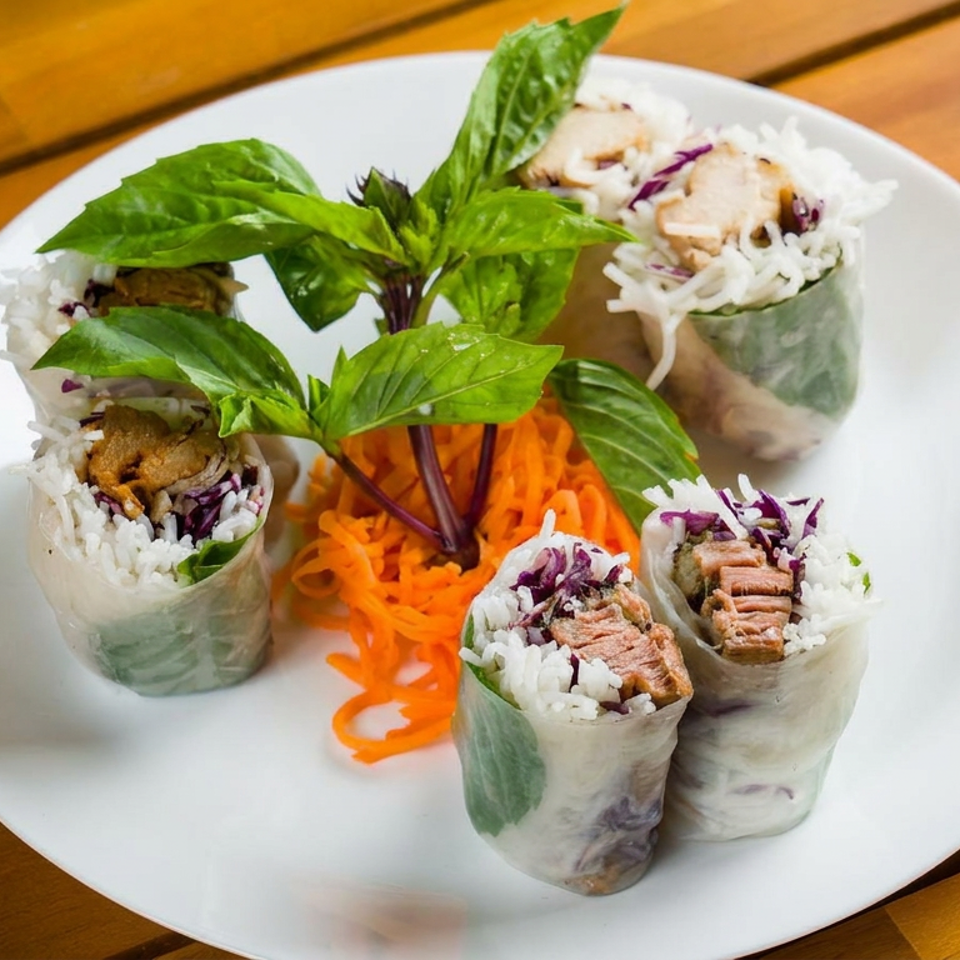 Vietnamese-style fresh spring rolls filled with rice noodles, vegetables, herbs, and grilled meat, served with dipping sauce.