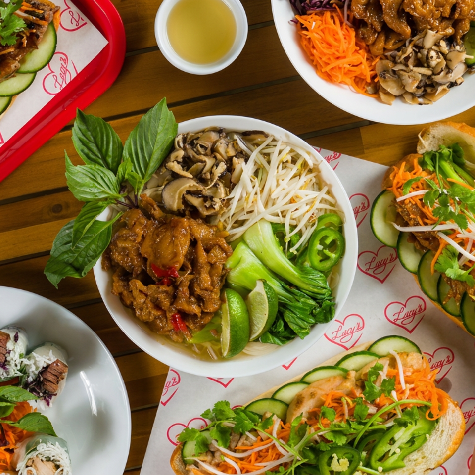 Overhead spread of Vietnamese bánh mì sandwiches, a vermicelli bowl, spring rolls, dipping sauce, and Vietnamese iced coffee on a wooden table.