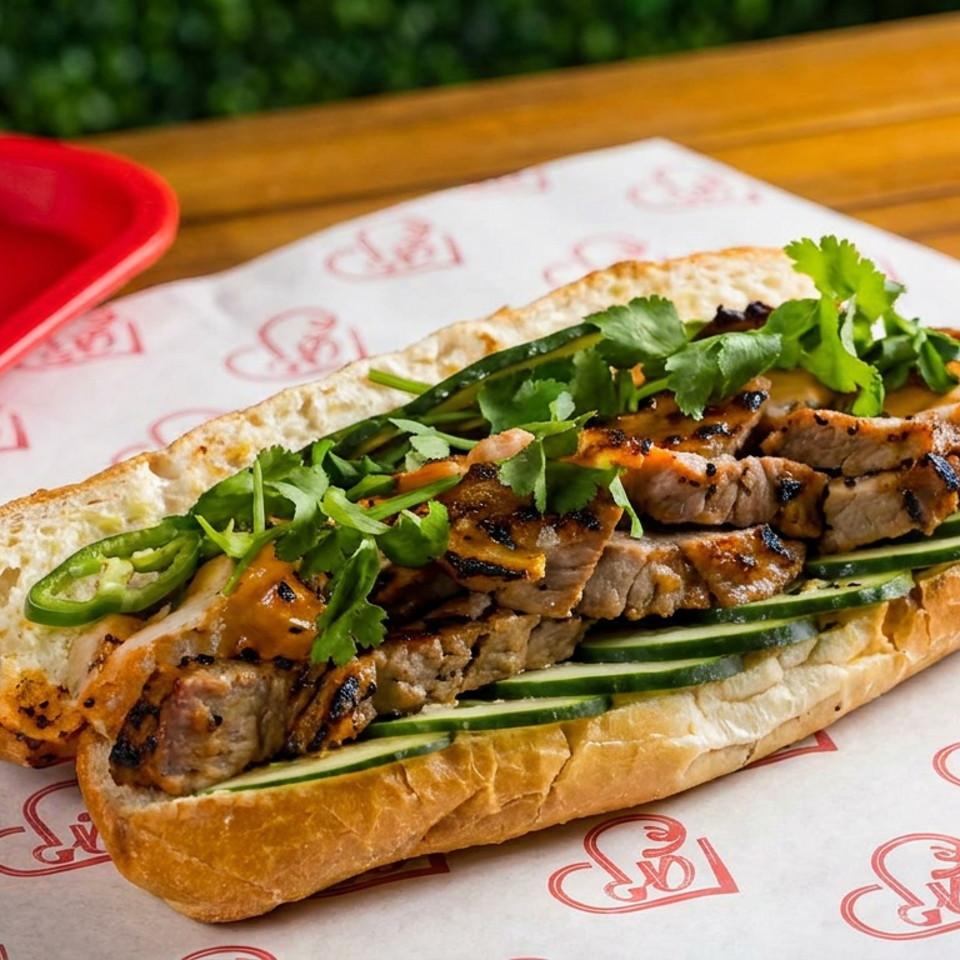 Grilled pork baguette sandwich topped with cucumber, cilantro, and jalapeño on branded paper beside a red tray.
